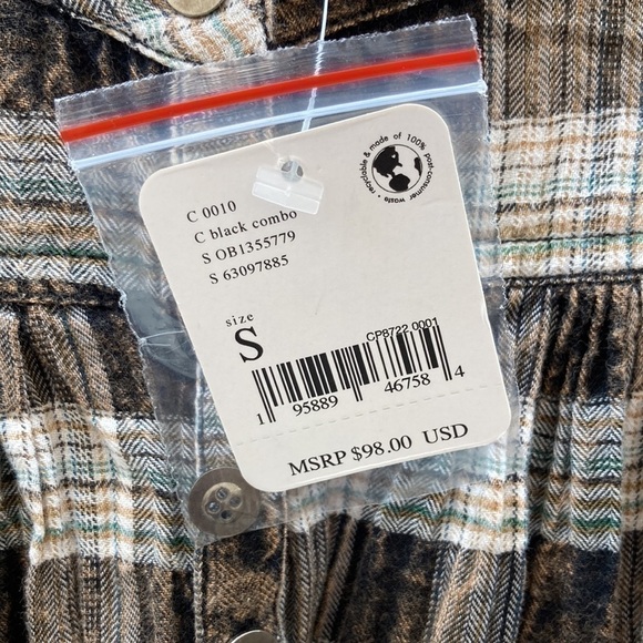 ❤️ Free People Jessi Plaid Top in Black Combo Size XS NWT - Picture 3 of 6